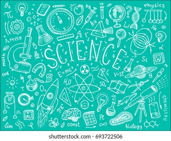 engraved hand drawn in old sketch and vintage style. scientific formulas and calculations in physics and mathematics, chemistry and biology or astronomy on whiteboard. Education and Science.