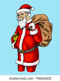 engraved hand drawn in old sketch and vintage style for label. Merry Christmas or xmas, New Year Collection. winter holiday decoration. santa claus or red nosed with gold jingle bell.