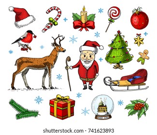 engraved hand drawn in old sketch and vintage style for label. Merry Christmas or xmas, New Year Collection. winter holiday decoration. santa claus with jingle bell and deer, bird bullfinch cardinal.