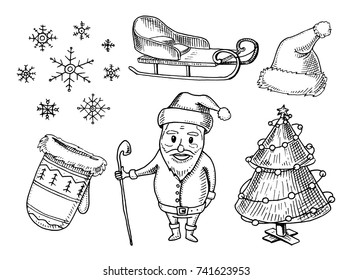 engraved hand drawn in old sketch and vintage style for label. Merry Christmas or xmas, New Year Collection. winter holiday decoration. snowflakes and sleigh, hat and mittens, tree and Santa Claus.