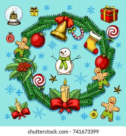 engraved hand drawn in old sketch and vintage style for label. Merry Christmas or xmas and New Year Collection. winter holiday decoration. snowman and bell, gift and lollipop, wreath snow and globe.