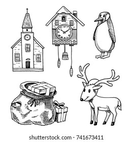 engraved hand drawn in old sketch and vintage style for label. Merry Christmas or xmas, New Year Collection. winter holiday decoration. cuckoo clock, chapel and penguin, bag with gifts and deer.