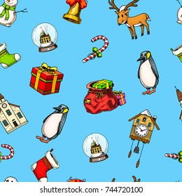 engraved hand drawn in old sketch and vintage style for label. Merry Christmas xmas, New Year Collection. winter holiday decoration. seamless pattern, cuckoo clock, chapel and penguin.