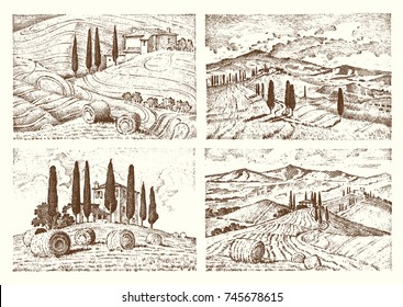 engraved hand drawn in old sketch and vintage style for label. fields background and cypress trees. harvesting and haystacks. Rural landscape of vineyard or rustic houses.