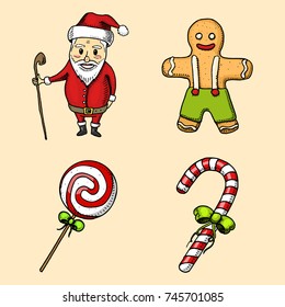 engraved hand drawn in old sketch and vintage style for label. Merry Christmas or xmas and New Year Collection. winter holiday decoration. lollipop and Santa Claus and gingerbread.