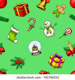 engraved hand drawn in old sketch and vintage style for label. Merry Christmas xmas, New Year Collection. winter holiday decoration. seamless pattern, snowman and bell, gift and lollipop, snow globe.