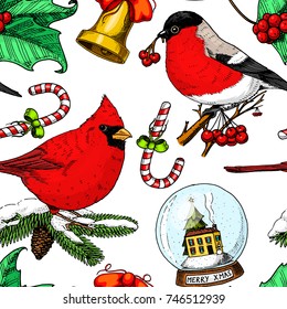 engraved hand drawn in old sketch and vintage style for label. Merry Christmas xmas New Year Collection. winter holiday decoration. seamless pattern. bullfinch or red cardinal and lollipop, snow globe