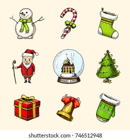 engraved hand drawn in old sketch and vintage style for label. Merry Christmas or xmas and New Year Collection. winter holiday decoration. snowman and bell, gift and lollipop, felt boots, snow globe.