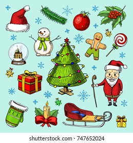 engraved hand drawn in old sketch and vintage style for label. Merry Christmas or xmas, New Year Collection. winter holiday decoration. snowflakes and sleigh, hat and mittens, tree and Santa Claus.