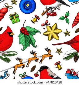 engraved hand drawn in old sketch and vintage style for label. Merry Christmas xmas, New Year Collection. winter holiday decoration. seamless pattern, tree and gift and bullfinch or cardinal.