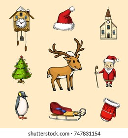 engraved hand drawn in old sketch and vintage style for label. Merry Christmas or xmas, New Year Collection. winter holiday decoration. cuckoo clock, chapel and penguin, bag with gifts and deer.