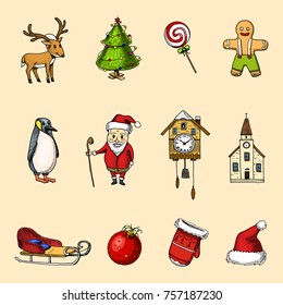 engraved hand drawn in old sketch and vintage style for label. Merry Christmas or xmas, New Year Collection. winter holiday decoration. snowflakes and sleigh, hat and mittens, tree and Santa Claus.