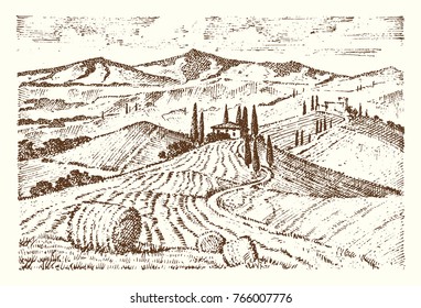 engraved hand drawn in old sketch and vintage style for label. fields background and cypress trees. harvesting and haystacks. Rural landscape of vineyard or rustic houses.