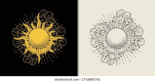 Grabado dibujado a mano sol con luna creciente en el cielo con nubes y estrellas