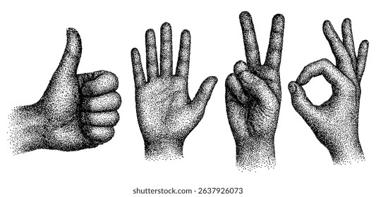 Engraved hand gestures conveying positivity acceptance greetings and approval in a detailed drawing