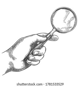 Engraved hand holding magnifying glass. Retro hand drawn detective magnifier, search sketch and antique loupe vector illustration. Male hand holding vintage equipment tool with glass for enlarging
