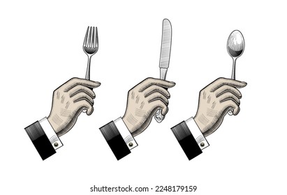 Manos grabadas sosteniendo cubiertos. Una mano con un cuchillo de mesa, cuchara y tenedor. El concepto de las normas de utilización de los platos Dibujo estilizado de época. Un conjunto de ilustraciones vectoriales.