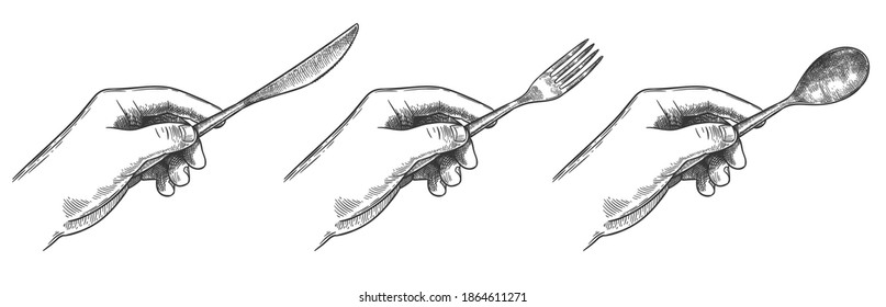 Engraved hands holding cutlery  Hold in hand table knife  spoon   fork for eating food hand drawn vector illustration set  Tableware usage rules concept  Etiquette manners for eating food