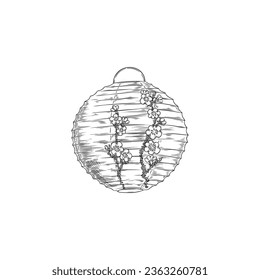 Engraved hanging Japanese lantern decorated with a blossoming sakura branch. Traditional Asian paper lamp round shape for the Chinese New Year black contour. Vector hand drawn isolated illustration