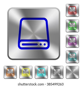 Engraved hard disk drive icons on rounded square steel buttons