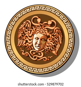 The engraved head of Medusa Gorgon head isolated on white background. Cartoon vector close-up illustration.
