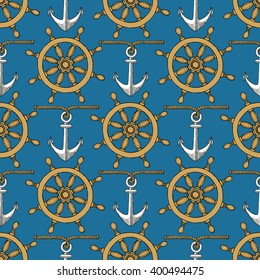 Engraved helm and anchor in vintage style, vector seamless pattern