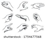 Engraved holding hand gesture. Keep in hands, vintage hand drawn gestures and hold in palm, demonstrate, show size, taking or grabbing sketch. Arm position isolated vector illustration set.