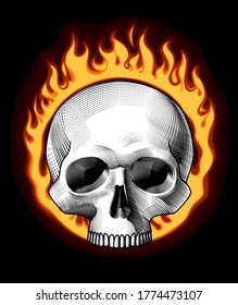 Engraved human skull full face in a ring of fire on a black background. Vector illustration