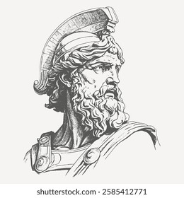 Engraved illustration of an ancient warrior with a beard, wearing a crested helmet and armor. Inspired by Greek and Roman mythology, detailed vintage sketch.