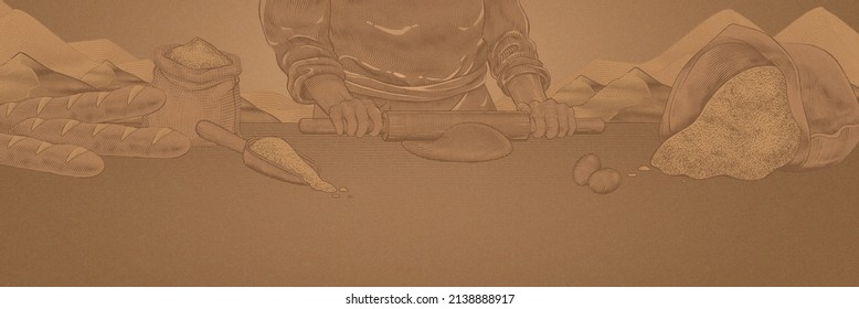 Engraved illustration of a baker rolling out dough with a rolling pin on the work table on rustic mountains background