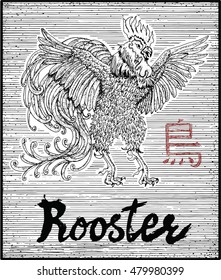 Engraved illustration of zodiac symbol with Rooster and lettering. Horoscope and astrological vector sign of asian new year calendar. Graphic line art with animal. Chinese hieroglyph means Rooster