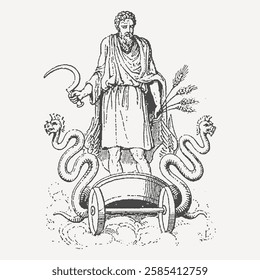 Engraved image of Cronus (Saturn), the Titan god of time and agriculture, holding a sickle, surrounded by serpentine forms.