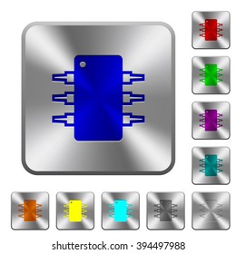 Engraved integrated circuit icons on rounded square steel buttons