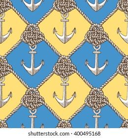 Engraved knot and anchor in vintage style, vector seamless pattern