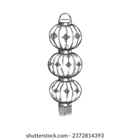 Engraved lantern three sphere form with decorative elements and tassels. Vector Japanese hand drawn lantern isolated illustration. Traditional Asian paper decor for the Chinese Happy New Year