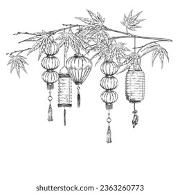 Engraved lanterns with tassels on japanese maple branch. Traditional Asian decoration for the Chinese New Year, lantern festival. Vector black contour hand drawn paper lamp different shapes