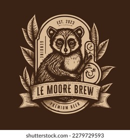 Engraved Lemur illustration on a label brand or logo, traditional woodcut print style. for the brewery, pub, beer, and coffee shop