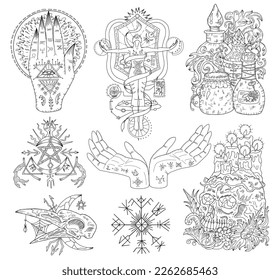 Engraved line art vector graphic collection with mystic, esoteric and occult symbols isolated on white