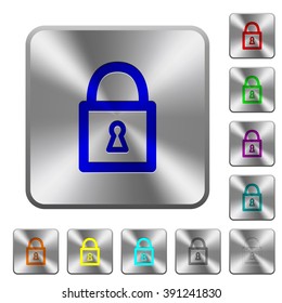 Engraved locked padlock icons on rounded square steel buttons