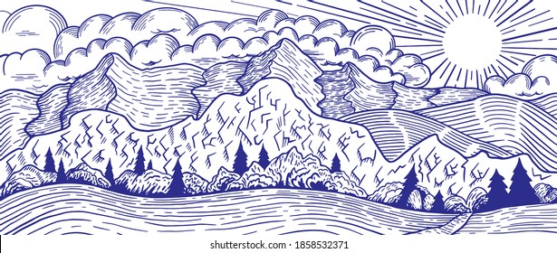 Engraved  mountain landscape. Vector illustration
