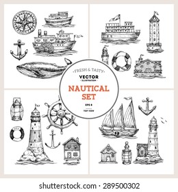 Engraved nautical elements. Sea theme. Vector illustration