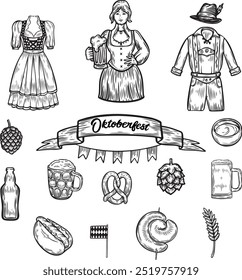 Engraved oktoberfest costumes and food vector illustration set.