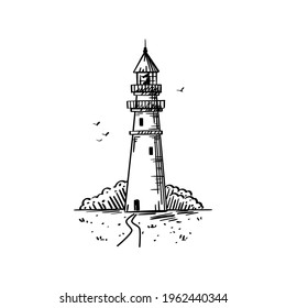 Engraved old lighthouse. Vector marine sketch in vintage style - hand drawn beacon, path, seagulls