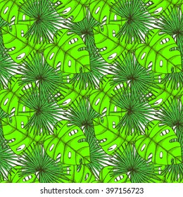 Engraved palm leaf in vintage style, vector seamless pattern