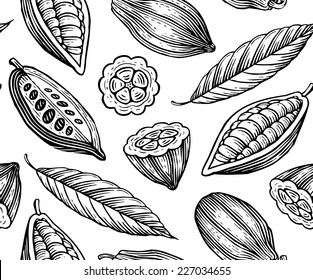 engraved pattern of leaves and fruits of cocoa beans