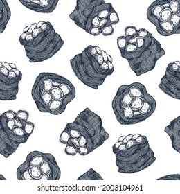 Engraved potato bags seamless pattern. Vector illustration.