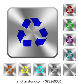 Engraved recycling icons on rounded square steel buttons
