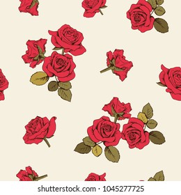 Engraved red roses. Seamless pattern. Vector illustartion