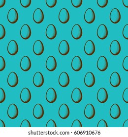 Engraved Repeating Easter Egg Seamless Pattern Wallpaper - Brown Oval Elements on Turquoise Background - Vector Woodcut Graphic Design