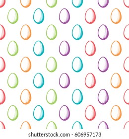 Engraved Repeating Easter Egg Seamless Pattern Wallpaper - Selected Spectrum Colors Large Oval Elements on White Background - Vector Woodcut Graphic Design